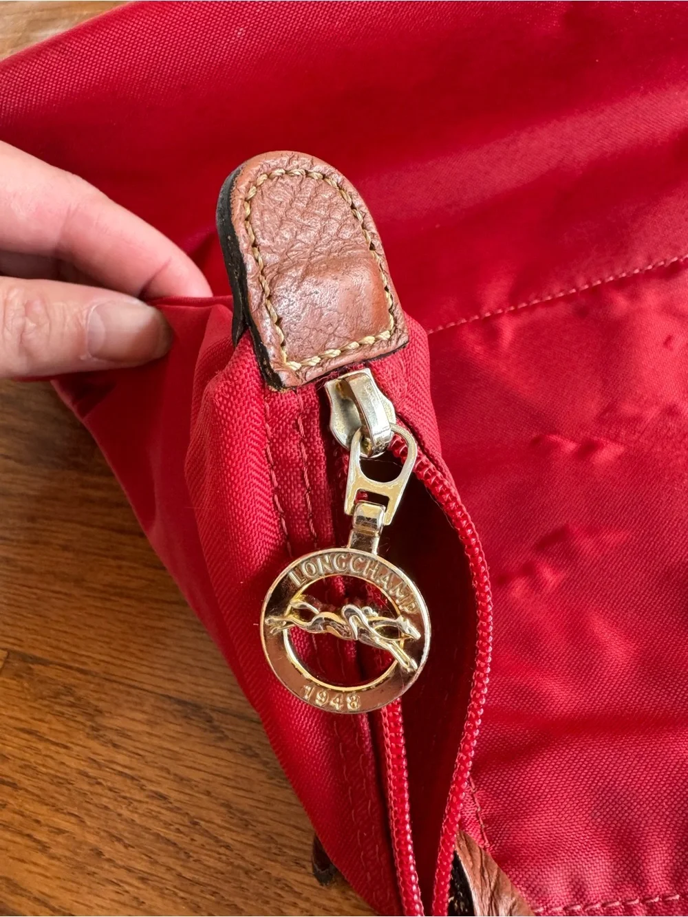 Longchamp Red Le Pliage Tote with Brown Leather Trim